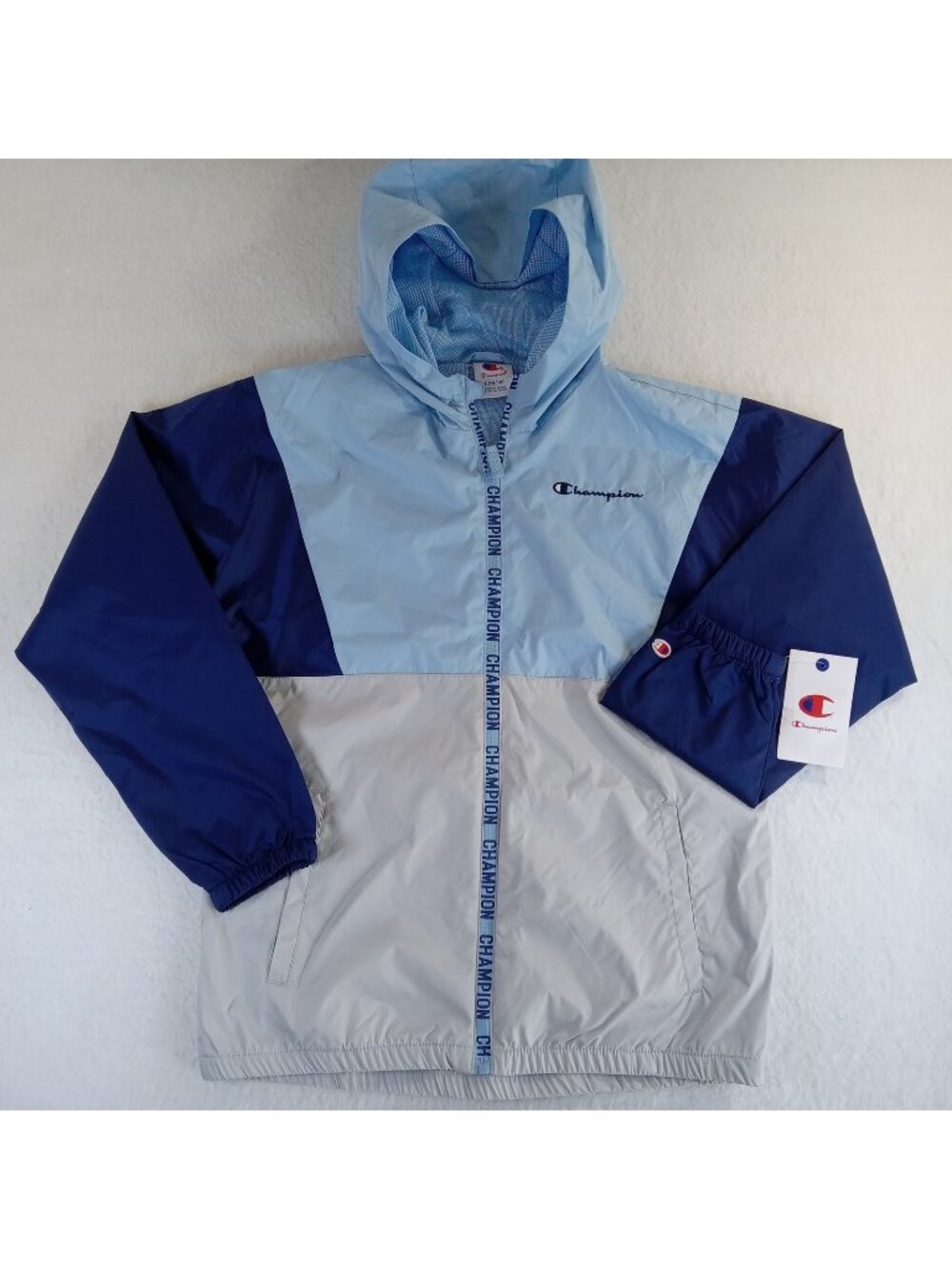 Champion Boys Colorblock Windbreaker Jacket Full Zip Hooded Blue Gray Size L